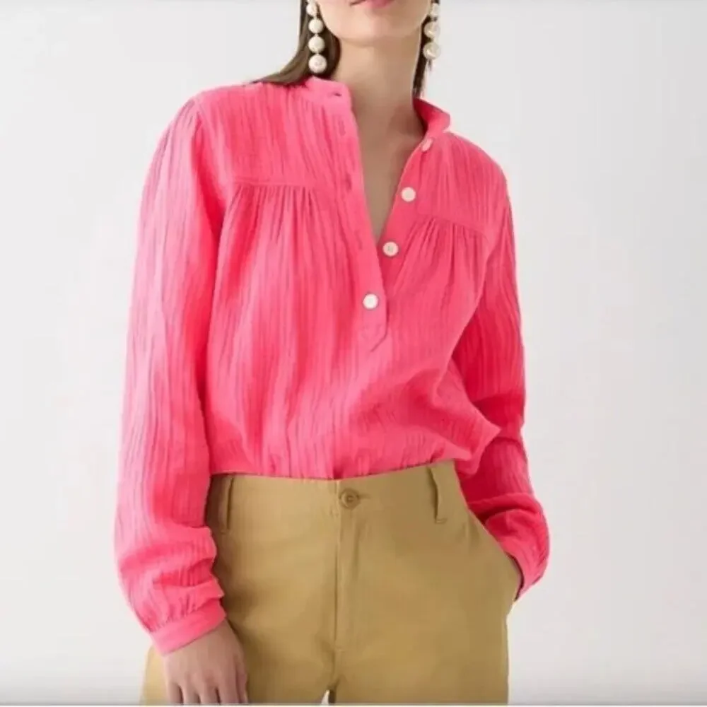 J. Crew Fresco Pink Gauzy Top Long Sleeve Preppy Casual Barbie BP555 Large